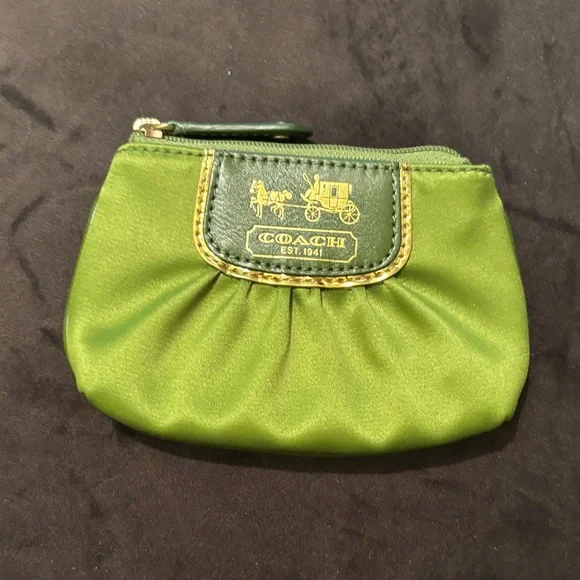 Coach Green Satin Coin Pouch with Gold Logo Plaque - Picture 1 of 5